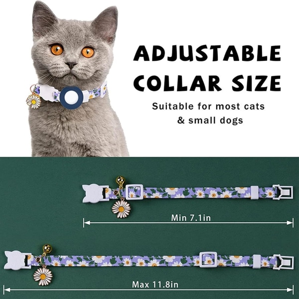 Airtag-kattehalsbånd - Killinghalsbånd med silikoneholder - Letvægts GPS-tracker med klokker og blomsterbetræk blå