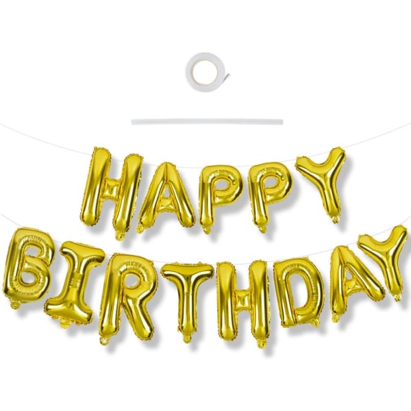 3D guld tillykke med fødselsdagen balloner banner med bånd strå, 16 tommer mylar folie bogstaver fødselsdag skilt banner ballon bunting genanvendelig