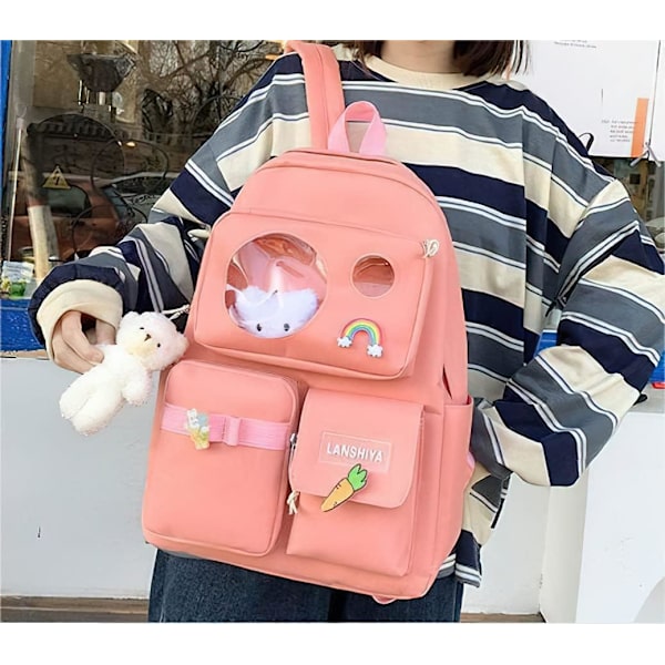 Kawaii æstetisk sød 5pcs skole tasker sæt med tilbehør skole leverandører til teenagere piger rygsæk tote taske (Pink)…