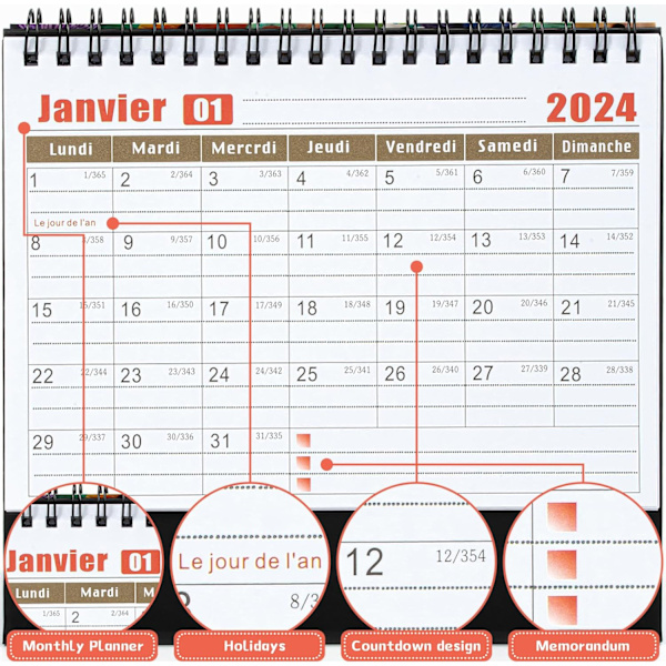 2024 Kalenteri - 12 kuukauden pöytäkalenteri tammikuusta 2024 joulukuuhun 2024, käännettävä kuukausikalenteri muistiinpanoilla, 12,5 x 17,5 cm-C