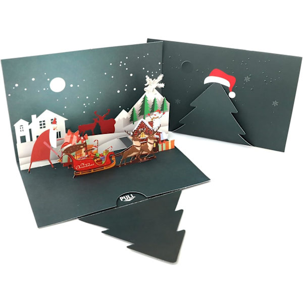 Julekort 3D Julemand & Hjortevogn Hilsenkort Feriepostkort, Mærke & Kuvert Inkluderet - Gaver til Jul, Sjov Glædelig Jul Takkekort