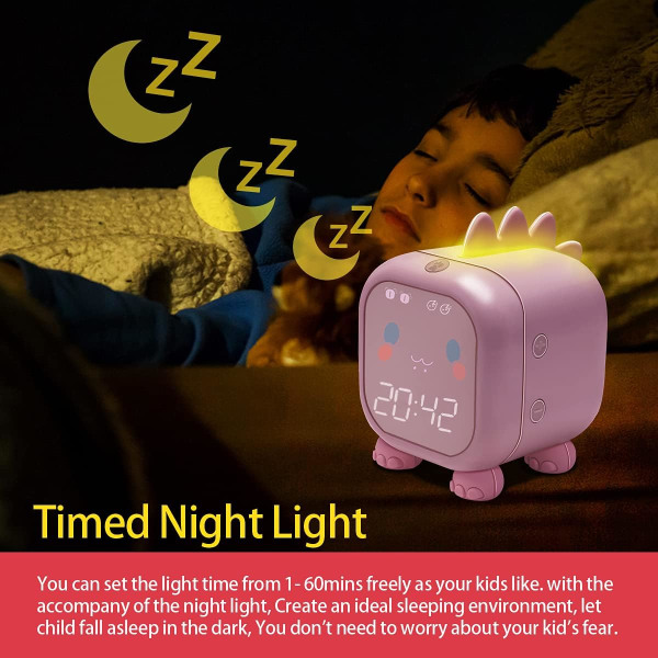 Kids Alarm Clock with Dinosaur, Digital Alarm Clock for Kids Bedroom, Children's Sleep Trainier, Wake Up Light and Night Light with USB (Pink)