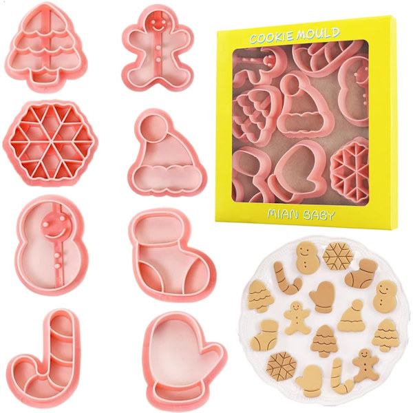 Jul Cookie Cutters Set om 8, Squeezable Plast Jul Cookie Cutters, Julgran, Snögubbe, Pepparkaksgubbe, Sockhandskar, Strumphätta