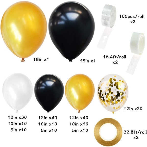 192 stk. sort og guld ballon guirlande sæt og 100 stk. sort og guld konfetti balloner sæt til fest dekorationer