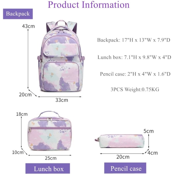 3Pcs Graffiti Print Backpack for Girls Middle-School Elementary Students Bookbag set with Lunch Box