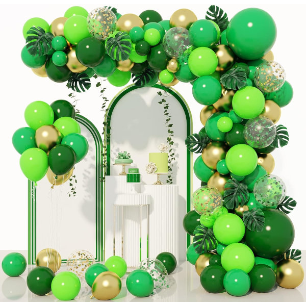 159 st Jungle Ballong Garland Arch Kit, Guld Lime Gröna Ballonger Dekoration med Konstgjorda Sköldpadds Blad för Wild One Födelsedagsfest