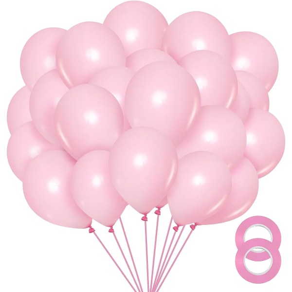 Rosa ballonger 12 tum, 100-pack pastellfärgade ljusrosa latexballonger för födelsedag baby shower party ballonger (med rosa band)