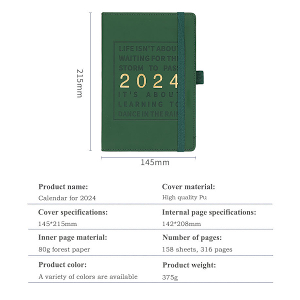 2024 Planlægger Kunstlæder Cover 12 Månedlige Ugentlige Agenda Notesbog med Elastisk Lukning Loop Serie Agenda Notesbog, PINK, 1stk