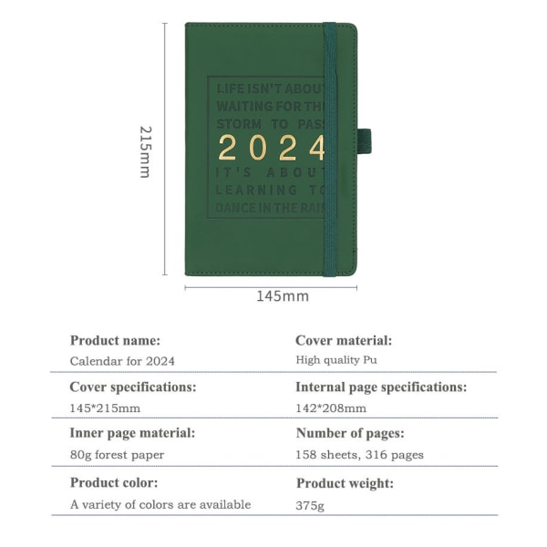 2024 Planner imiteret læderomslag 12 månedlige ugentlige dagsorden notesbog med elastisk lukkesløjfe Series agenda notesbog, SORT, 1 stk.