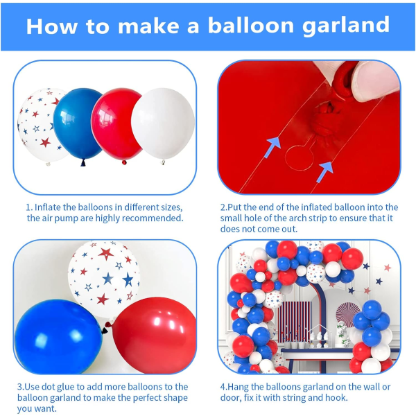 Rød, hvid og blå ballonbue guirlande kit - 120 stk 12 tommer 10 tommer 5 tommer rød hvid blå stjerne latex balloner til fest dekoration