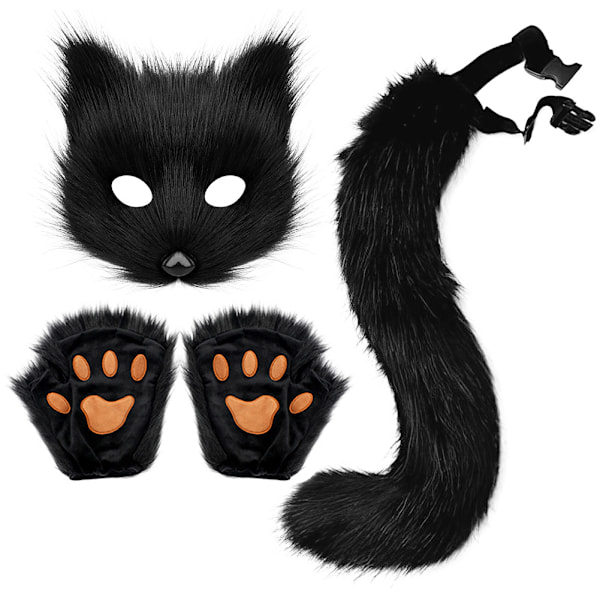 Falsk pels revhale katt ulv cosplay kostyme sett plusj maske fluffy potehansker Halloween jul Black One Size