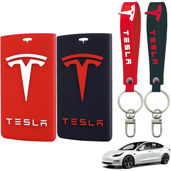 Tesla nyckelkortshållare, Tesla nyckelkortshållare modell Y/3, cover med nyckelring för Tesla tillbehör, 2st, röd och svart