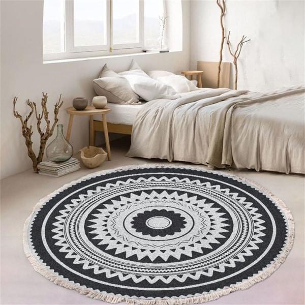 Bomullsrundmatta, bohemisk mandala-matta med fransar, halkfri vardagsrumsmatta för sovrum (60 cm, grön)