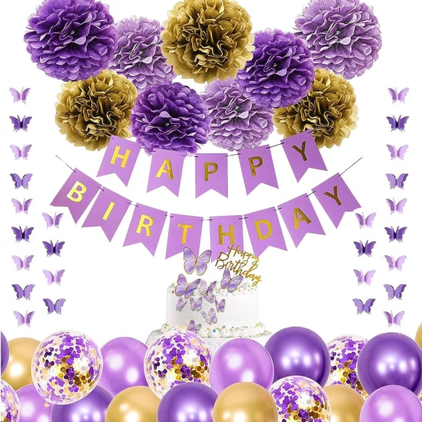 Lilla bursdagsdekorasjoner for kvinner Jenter Sommerfuglhengende krans Gratulerer med dagen og lilla gullballonger Papirblomster til bursdagsfest