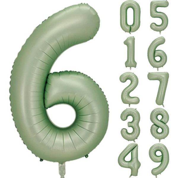 Nummer 6 ballon, stort antal balloner 40 tommer, 6-års fødselsdagsfestpynt sjette år gammel fødselsdagsskiltdekor, salviegrøn