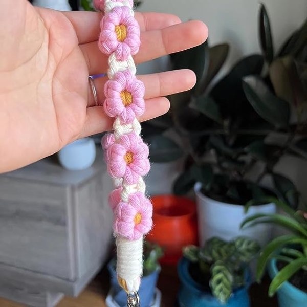 Macrame Daisy Wristlet Keychain, Søde Blomster Nøgleringe til Kvinder Piger Boho Håndlavet Håndledsrem Bilnøgler Nøgleringe