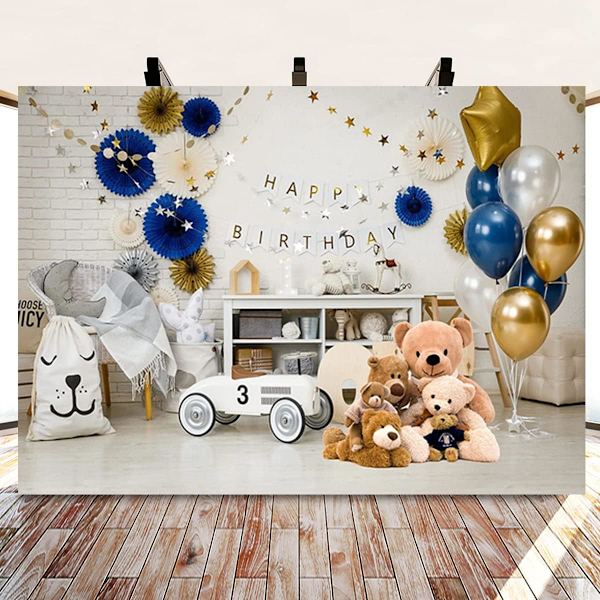 Första födelsedagsfest ballonger presenter dekor babyfotografering bakgrund tårta smash bakgrund banner björn babyshower bakgrund porträtt bakgrund 7x5ft