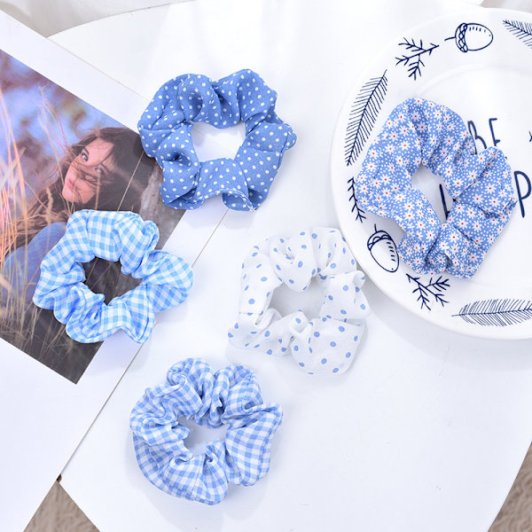 Blå Ternet Hår Scrunchies til Kvinder, Bandana Scrunchies, 5PCS Bandana Scrunchy Hår Elastikker, Scrunchies Hår Elastikker til Kvinder. (Blå Ternet)