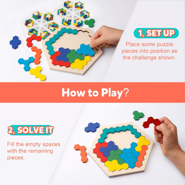 Tre sekskantpuslespill for barn voksne - formmønsterblokk Tangram hjerneteaser Leketøy Geometri Logic IQ Game STEM Montessori pedagogisk gave