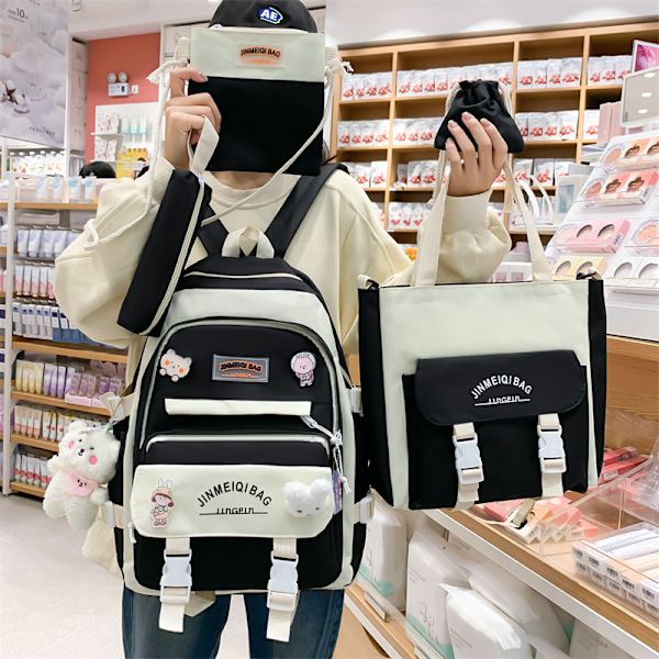 Kawaii ryggsekksett med 5 deler estetisk ryggsekk for skole tenåringsjenter daglige nødvendigheter med sjarm og pins, pennal, tote bag, liten veske.