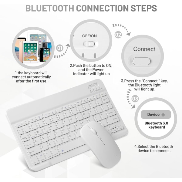 Bluetooth tangentbord och mus Combo Uppladdningsbar bärbar trådlös set för iPad Tablet Windows (10 tum Vit)