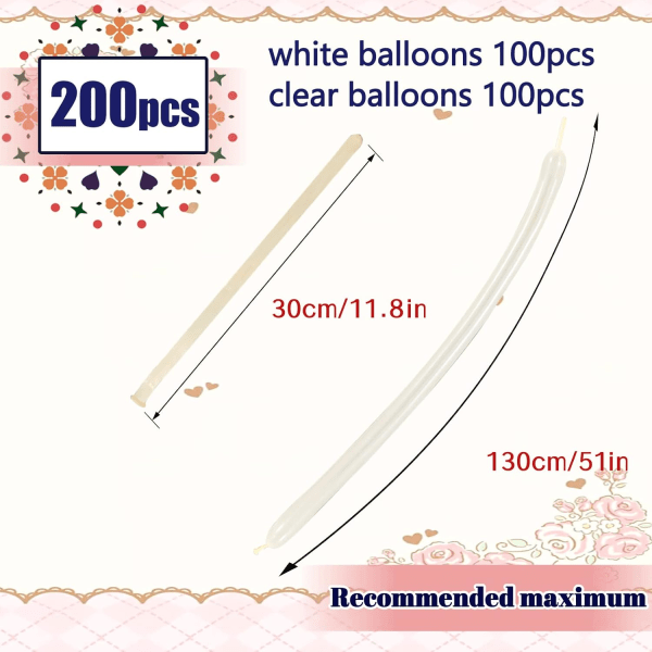 200 stk 260 ballonger Lange ballonger Hvite og klare ballonger Vridningsdyr Ballonger for ballongbue Girlander Bursdag Bryllupsfestdekorasjon