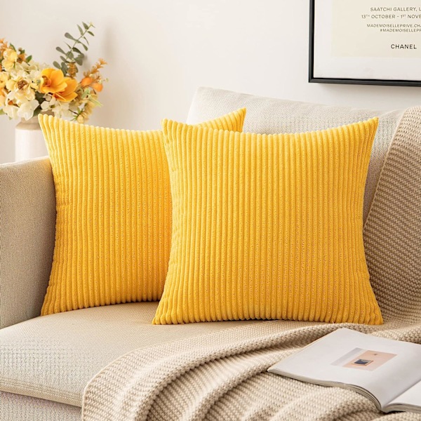 2-pack Corduroy örngott Supermjuka kuddfodral Randiga örngott för soffa sovrumssoffa 20 x 20 tum Gyllengul