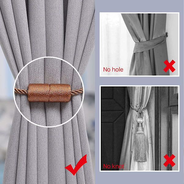 4 kappaletta 16 tuuman magneettiset verhotangot käsintehdyt sivunaru - käytännölliset koristeelliset sylinteriverhotangot kotiin ja toimistoon (vaalea kahvi)