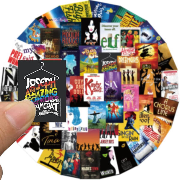 50 kpl Musikaali Broadway -julistetarroja kannettavalle tietokoneelle, vedenpitävät vinyylitarrat vesipulloille, leikekirjalle, kitaralle, puhelimelle, rullalaudalle, matkatavaroille, pyörän puskurille