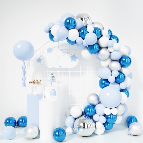 147 st blå ballonggirlanderbågssats metallisk pastellblå vit latexballonger och 4D silverballonger set för festbakgrundsdekorationer