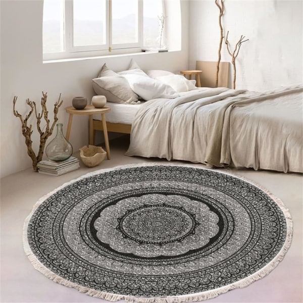 Bomullsvävd rund matta, bohemisk mandalamatta med fransar, halkfri matta för vardagsrummet (60 cm, grå)