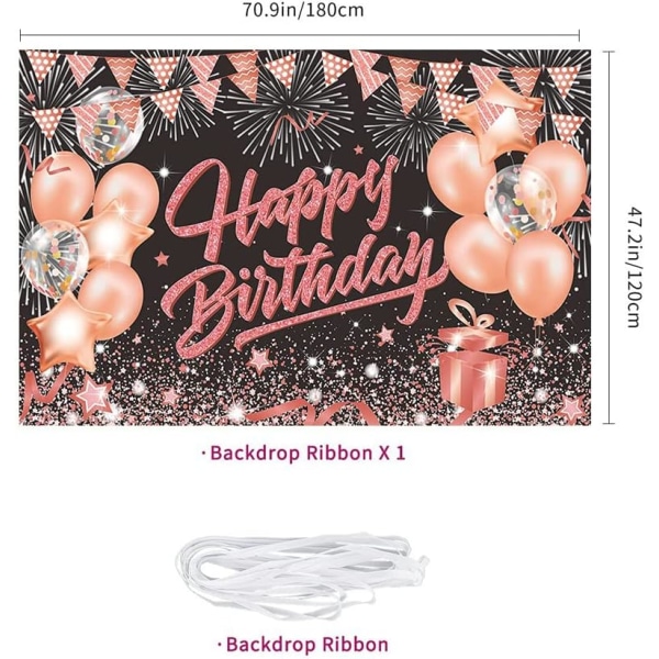 Glad födelsedagsfest Fotografi Bakgrund Glitter Svart och Roséguld Ballonger Bakgrund för Män Kvinna Födelsedagstårta Bordsbanderoll Väggdekor Rekvisita