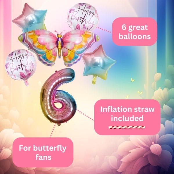 Perhospallon syntymäpäiväkoristeet 6 set - perhosjuhlat, ilmapallo numero 6, vaaleanpunainen sateenkaari, folio ilmapalloeläimet Hyvää syntymäpäivää koristeet
