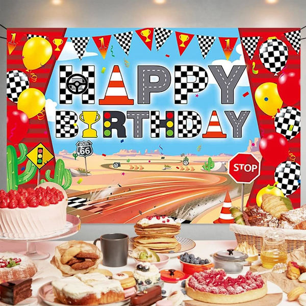 Racing Car Grattis på födelsedagen Bakgrund Banner Racing Lane Fotografi Bakgrund för Bil Racing Party Dekorationer Röd Rutig Banner Dekorationer