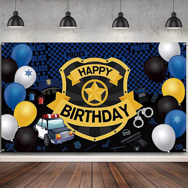 7x5ft Onnellinen syntymäpäivä valokuvaustausta Poliisi teema Pojat 1. syntymäpäiväjuhlat Banner Tausta Koriste Värikkäät ilmapallot Muotokuva Banner