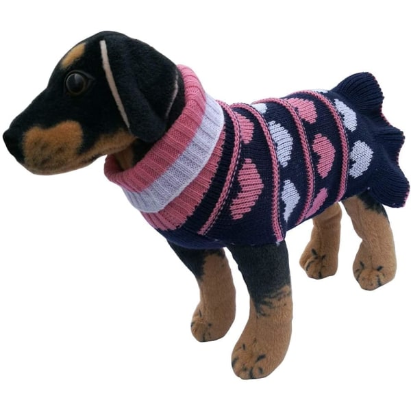 Pet Dog Långa tröjor Klänning Stickat Turtleneck Pullover Varm vinter Valp Sweater Långa klänningar (marinblå hjärta, liten)