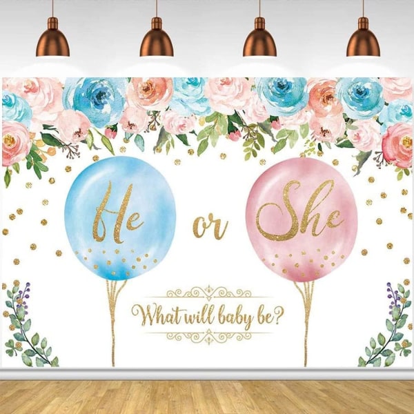 Kön avslöja fest bakgrund rosa och blå pojke eller flicka guld glitter ballonger fotografi bakgrund baby shower dekorationer banderoll leveranser 7x5FT