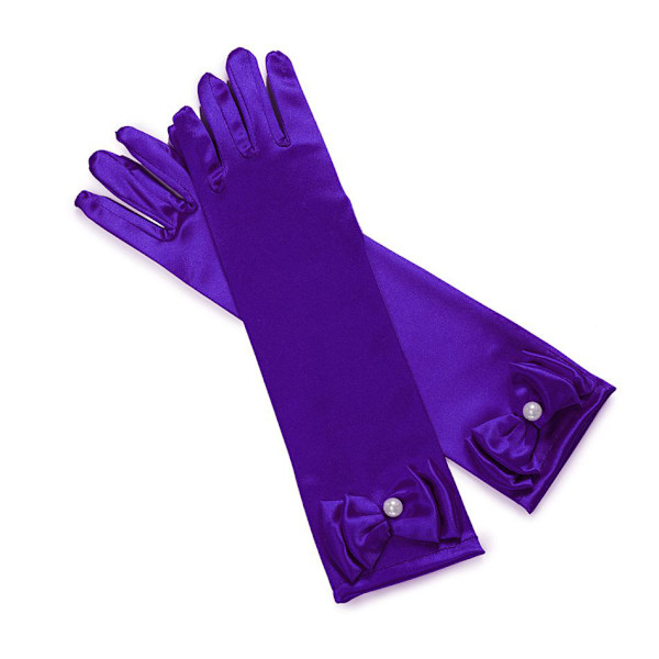 Små jenteprinsessehansker (ensfarget lang albue-lengde) for bursdag, bryllup, ferie, kostymefest, mørk lilla