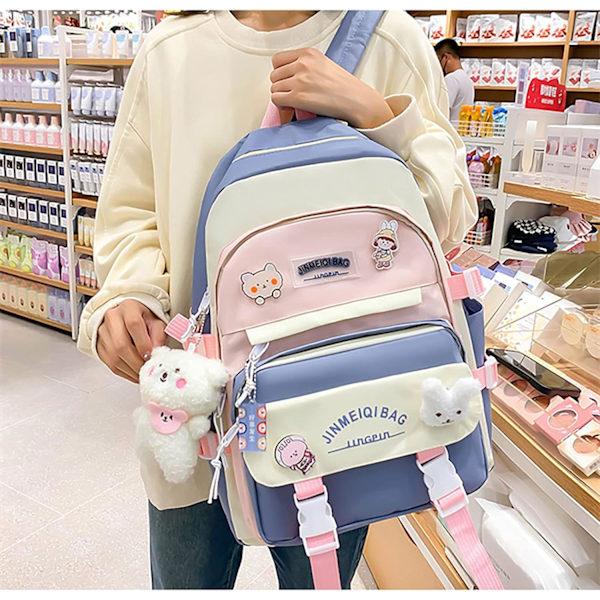 Kawaii ryggsekksett med 5 deler estetisk ryggsekk for skole tenåringsjenter daglige nødvendigheter med sjarm og pins, pennal, tote bag, liten veske.