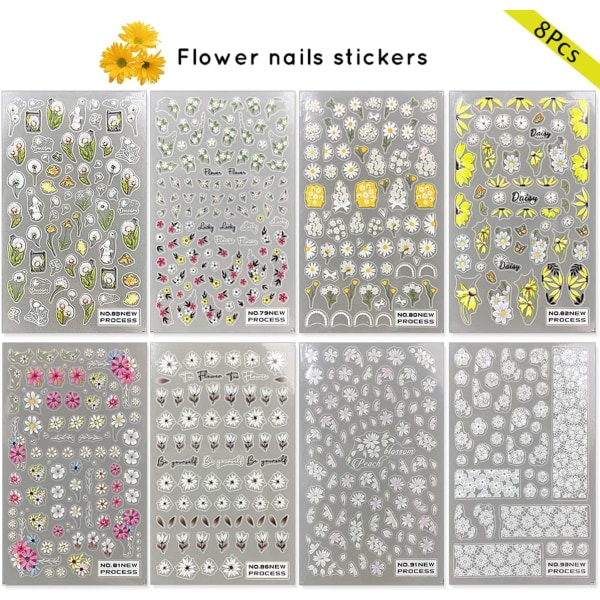 Blommiga nagelklistermärken nageldekaler blomma tusensköna nageldesigner semester nagelklistermärken för nagelkonsttillbehör 3D självhäftande nagelkonsttillbehör 8 ark