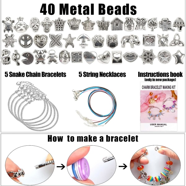130 deler sett til å lage sjarmarmbånd, inkludert smykkeperler, slangekjeder, gjør-det-selv-håndverk for jenter
