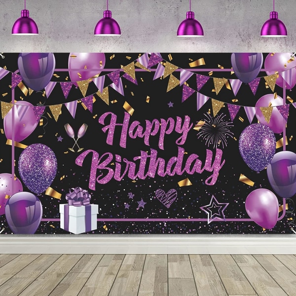 Lila Happy Birthday Banner Lila Svart Födelsedagsfest Dekorationer Stor Lila Födelsedagsfest Bakgrund Fotobås Bakgrund 71 X 44Tum