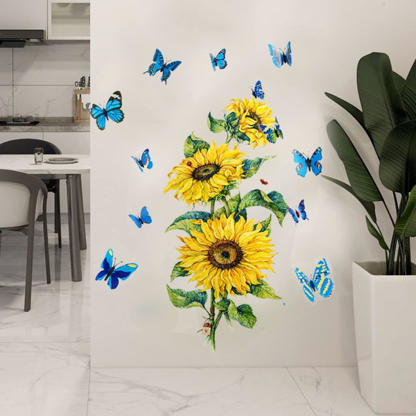 Solros Väggdekaler med 3D Fjäril Väggklistermärke, Trädgård Blommor Väggklistermärken Vattentät och Avtagbar för Sovrum Vardagsrum Konstdekor