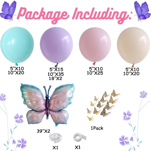 Sommerfugl Fødselsdag Dekorationer 150stk Lilla Pink Sommerfugl Pastel Ballon Garland Arch Kit med Sommerfugl Stickers til Dekorationer