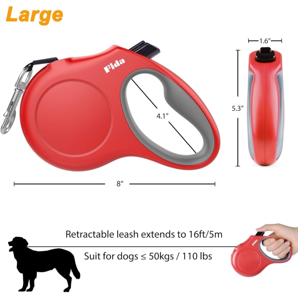 Uttrekkbar hundebånd, 16 fot kraftig bånd for turgåing for kjæledyr med dispenser og bæsjposer, anti-skli håndtak, reflekterende sterk nylontape (L, rød)