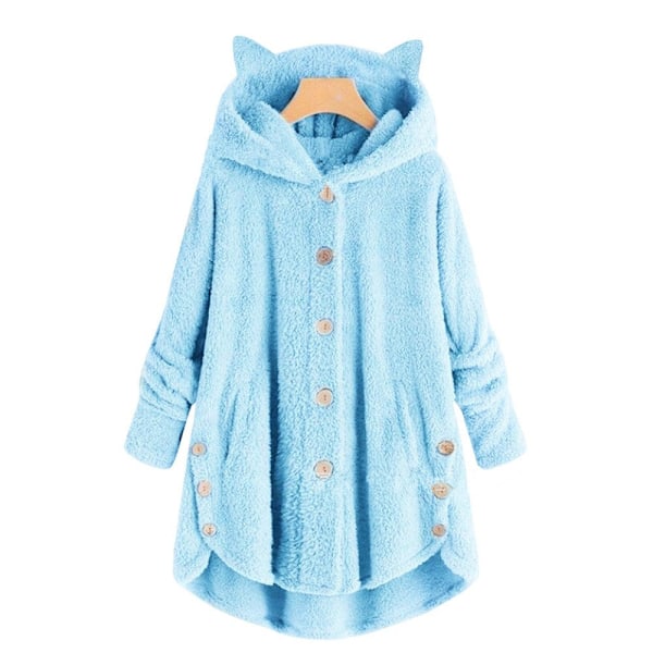 Plushjacka med kattöron, oregelbunden trendig enfärgad kappa för kvinnor Blue 2XL