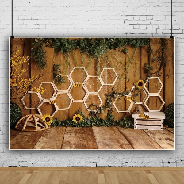 7x5ft honeycomb baggrund til fotosession Børn Portræt Grønne blade Ivy Solsikke Trævæggulv Bikube Bee Baggrund Baby Shower Party Decors