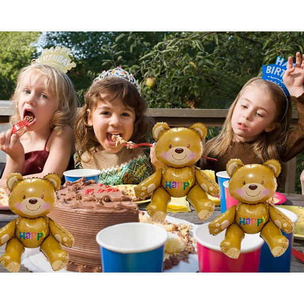4D Teddy Bear Baby Shower Dekorationer, Fødselsdagsfest Tilbehør  Bjørn Mylar Folie Balloner, 3 Pakke Self-Stand Jungle Safari Dyr  Tema Balloner