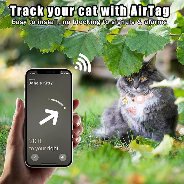 Airtag kattehalsbånd - Silikonstøtte kattungehalsbånd - Lett GPS-sporing - Bells and Flower Charm - Rosa