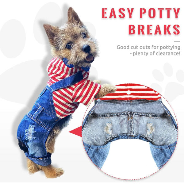 Liten hundtröja kläder söt randig skjorta denim overall onepiece outfit för pojke flicka chihuahua blå jeans overall valp kostym (röd, XXL)